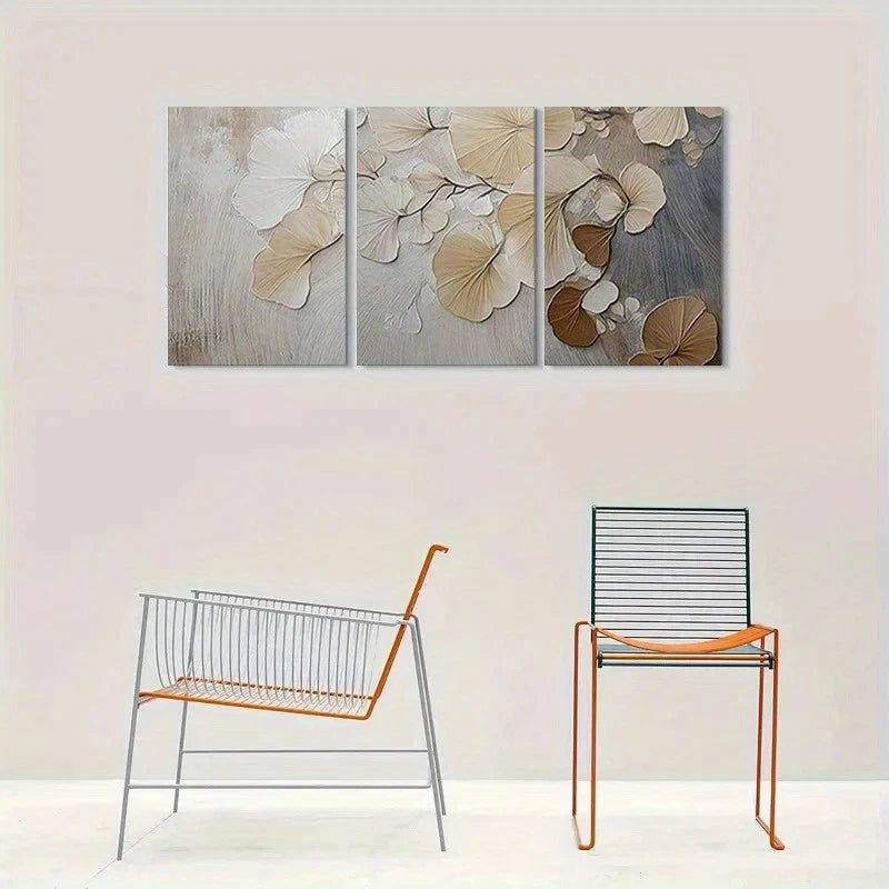 3pcs Abstract Floral Beige Flowers on Gray Metal Print Ready to Hang Art - Bella Home Decor
