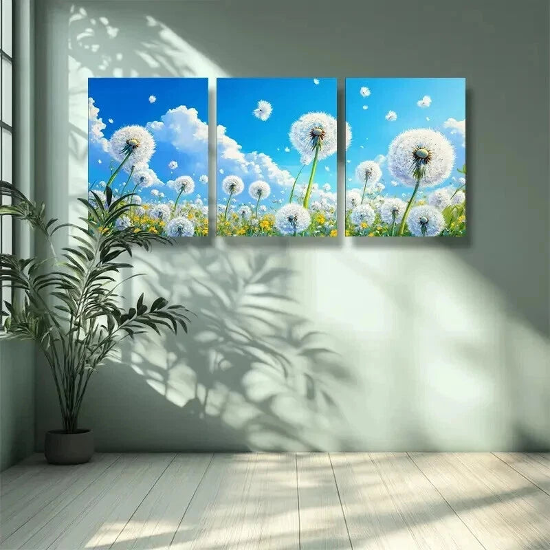 3pcs White dandelion Painting Wall Art Set Canvas Framed 50x70cm - High Quality Print 100% Australian Made Wall Canvas Ready to Hang