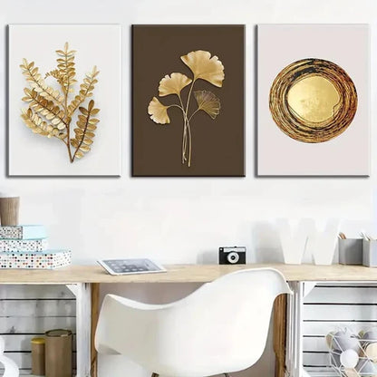 3pcs Modern Stylish Golden Leaf Wall Art Canvas Unframed - High Quality Print 100% Australian Made Wall Canvas