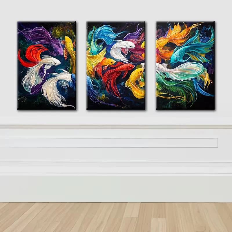 3pcs Colorful betta fish Illustration Wall Art Set Canvas Framed 40x60cm - High Quality Print 100% Australian Made Wall Canvas Ready to Hang - Bella Home Decor