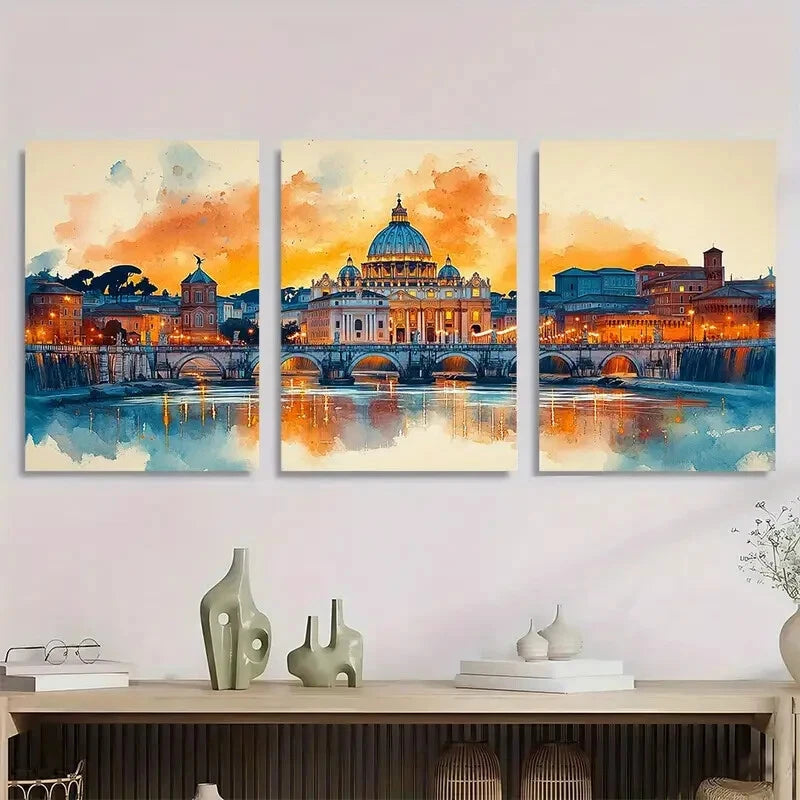 3pcs Peters Basilica Watercolor Painting Metal Print Ready to Hang Art - Bella Home Decor