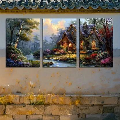 3pcs Vibrant Houses By The Creek with Florals Metal Print Ready to Hang Art - Bella Home Decor