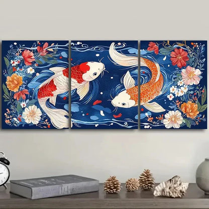 3pcs Red and White Koi Fish with Vibrant Floral Wall Art Set Canvas Unframed - High Quality Print 100% Australian Made Wall Canvas