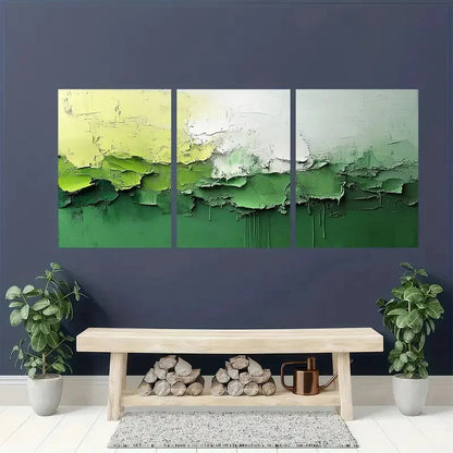 3pcs Abstract Painting Light Green and White Metal Print Ready to Hang Art - Bella Home Decor