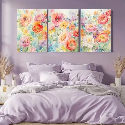 3pcs Vibrant Peonies & Roses Floral Watercolor Metal Print Ready to Hang Art