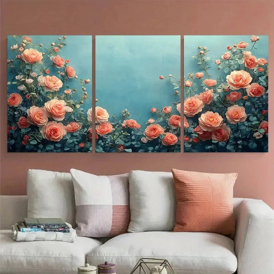 3pcs Vibrant Flower with leaves in Blue Background Metal Print Ready to Hang Art