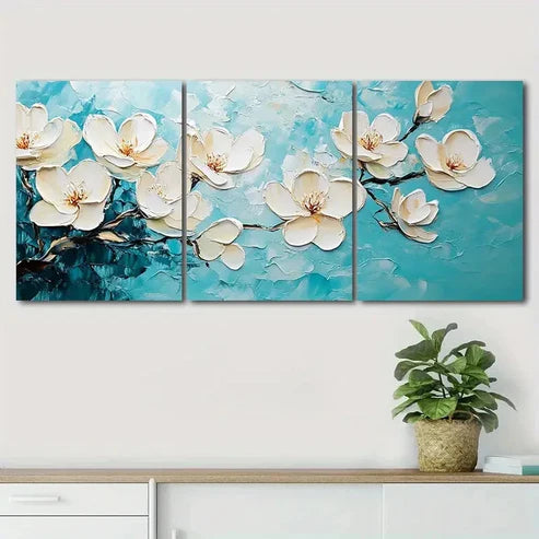 3pcs Flowers Blue White Beautiful Nature Perfect Wall Art Set Canvas Unframed - High Quality Print 100% Australian Made Wall Canvas - Bella Home Decor