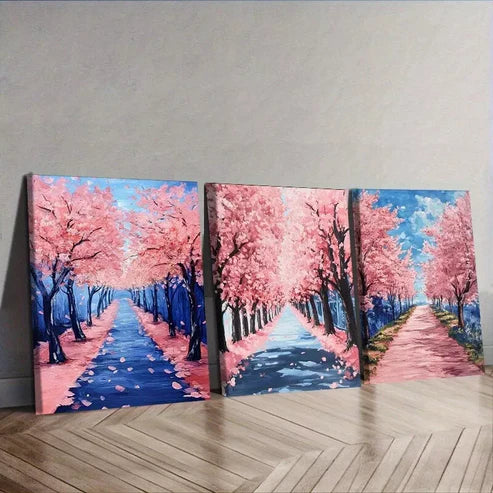 3pcs Featuring Pink Cherry Blossom Trees Nature Wall Art Set Canvas Unframed - High Quality Print 100% Australian Made Wall Canvas
