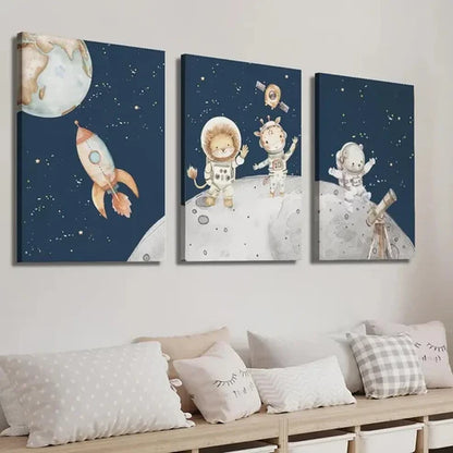 3pcs Lion Giraffe & Bear Cub on Moon Wall Art Set Canvas Unframed - High Quality Print 100% Australian Made Wall Canvas