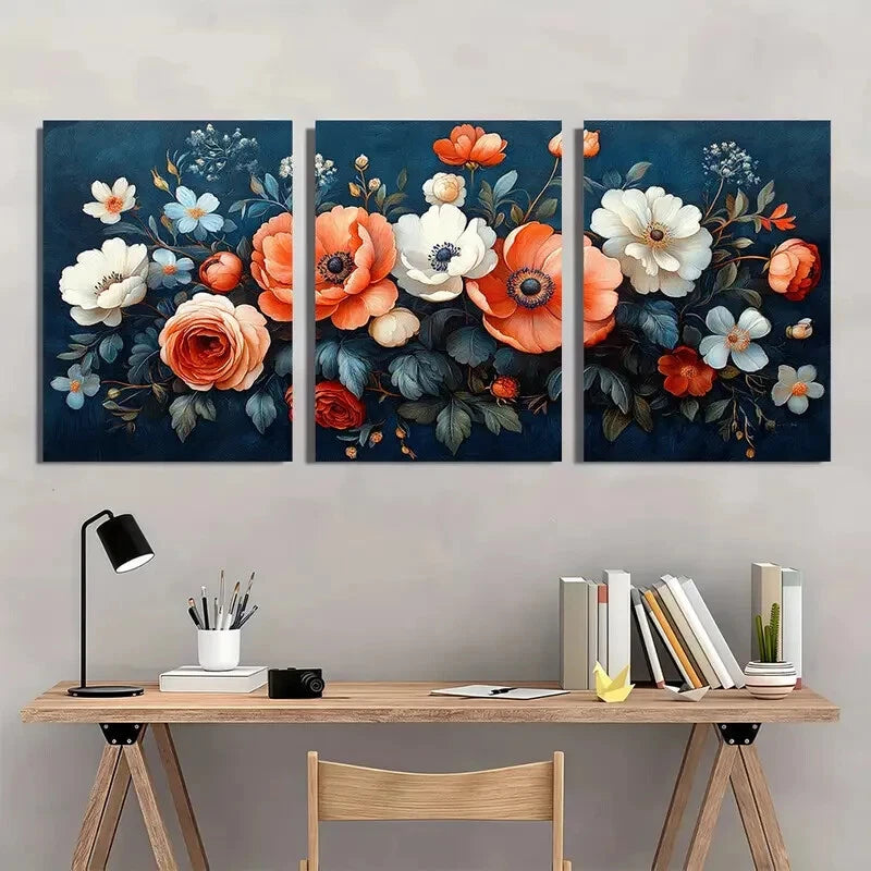 3pcs Abstract Blue & Orange Floral Design Metal Print Ready to Hang Art - Bella Home Decor