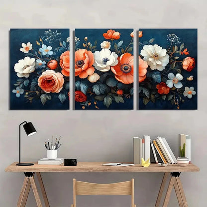 3pcs Abstract Blue & Orange Floral Design Metal Print Ready to Hang Art - Bella Home Decor