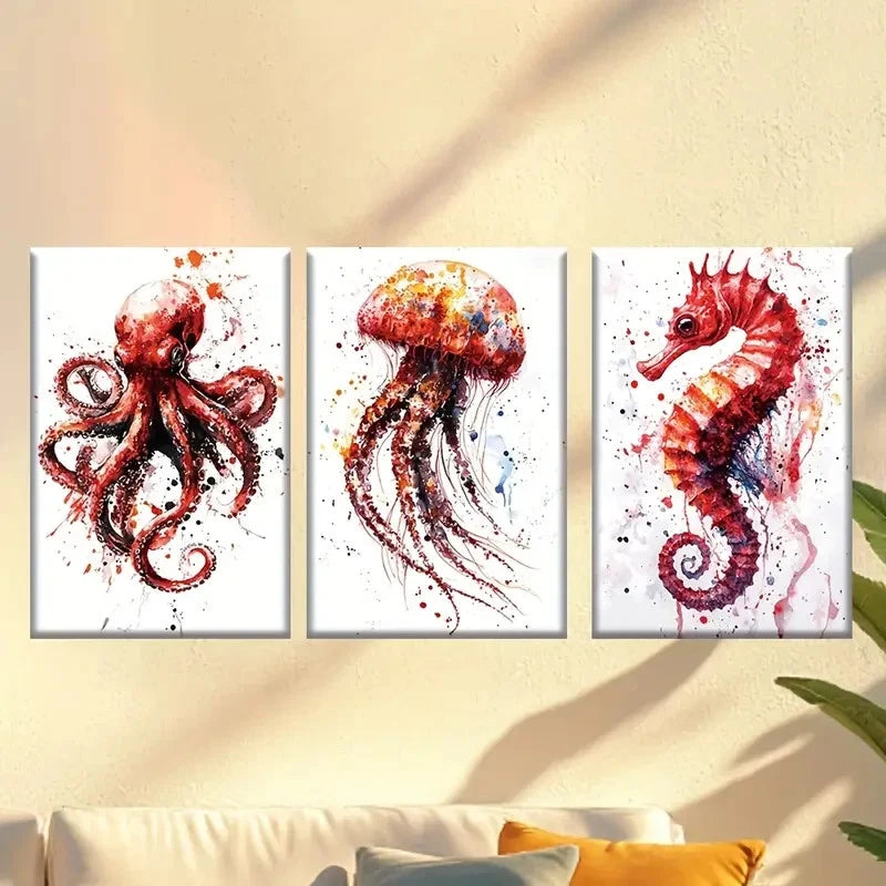 3pcs Red creature octopus jellyfish seahorse Wall Art Set Canvas Framed 40x60cm - High Quality Print 100% Australian Made Wall Canvas Ready to Hang