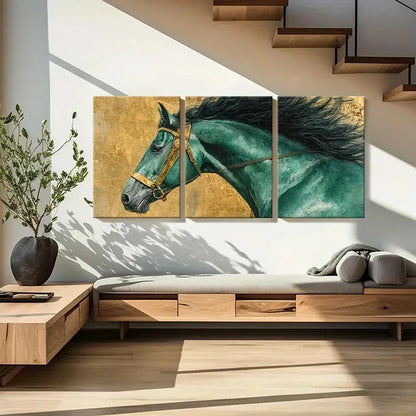 3pcs Turquoise Horse Golden Bridle Dynamic Metal Print Ready to Hang Art - Bella Home Decor