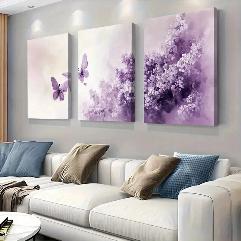 3pcs Purple Lavender Bloom And Butterfly Wall Art Set Canvas Framed 60x90cm - High Quality Print 100% Australian Made Wall Canvas Ready to Hang - Bella Home Decor