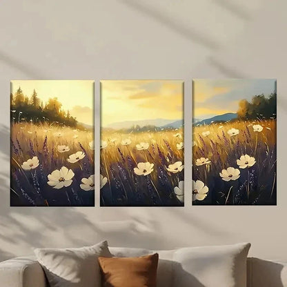 3pcs Sunset Meadow with Wildflowers Wall Art Set Canvas Framed 50x70cm - High Quality Print 100% Australian Made Wall Canvas Ready to Hang