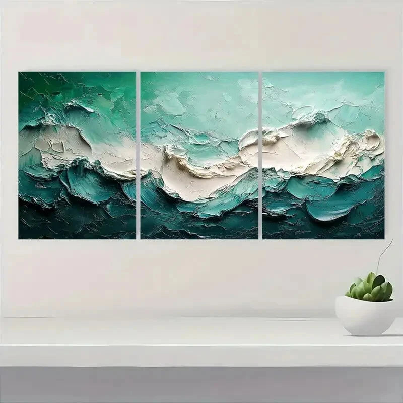 3pcs Abstract Light Green & Blue Marble Design Metal Print Ready to Hang Art - Bella Home Decor