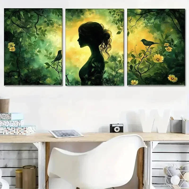 3pcs Mysterious Woman in Green Forest Perfect Wall Art Set Canvas Framed 60x90cm - High Quality Print 100% Australian Made Wall Canvas Ready to Hang - Bella Home Decor