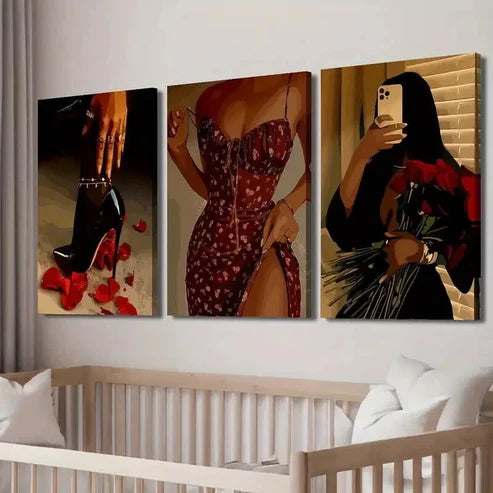 3pcs Black Woman in Floral Dress Wall Art Set Canvas Unframed - High Quality Print 100% Australian Made Wall Canvas - Bella Home Decor