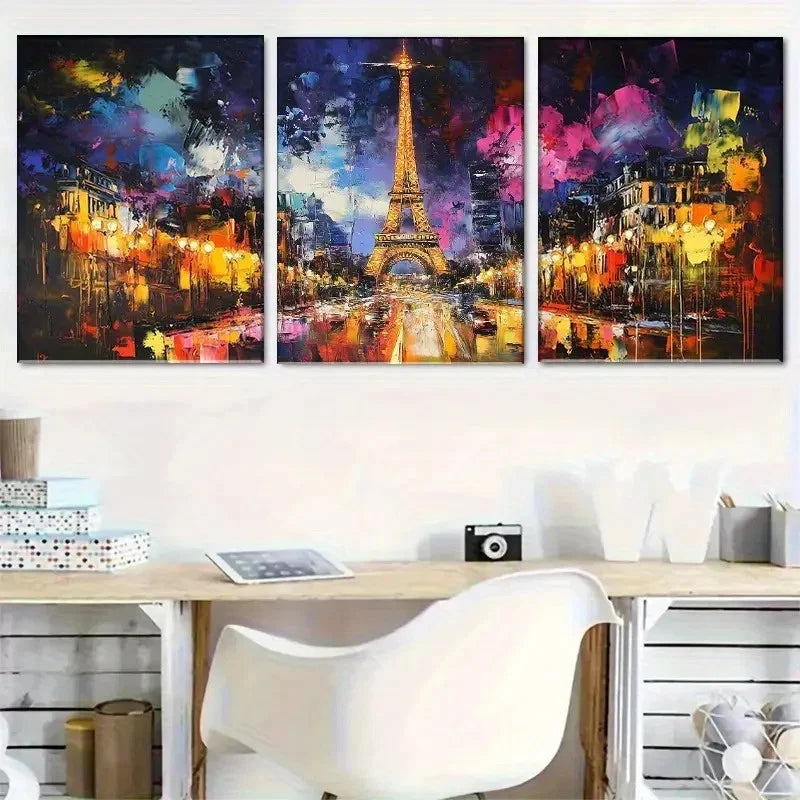 3pcs Eiffel Tower Abstract Night Scene Paintings Metal Print Ready to Hang Art - Bella Home Decor