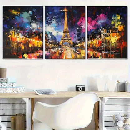 3pcs Eiffel Tower Abstract Night Scene Paintings Metal Print Ready to Hang Art - Bella Home Decor