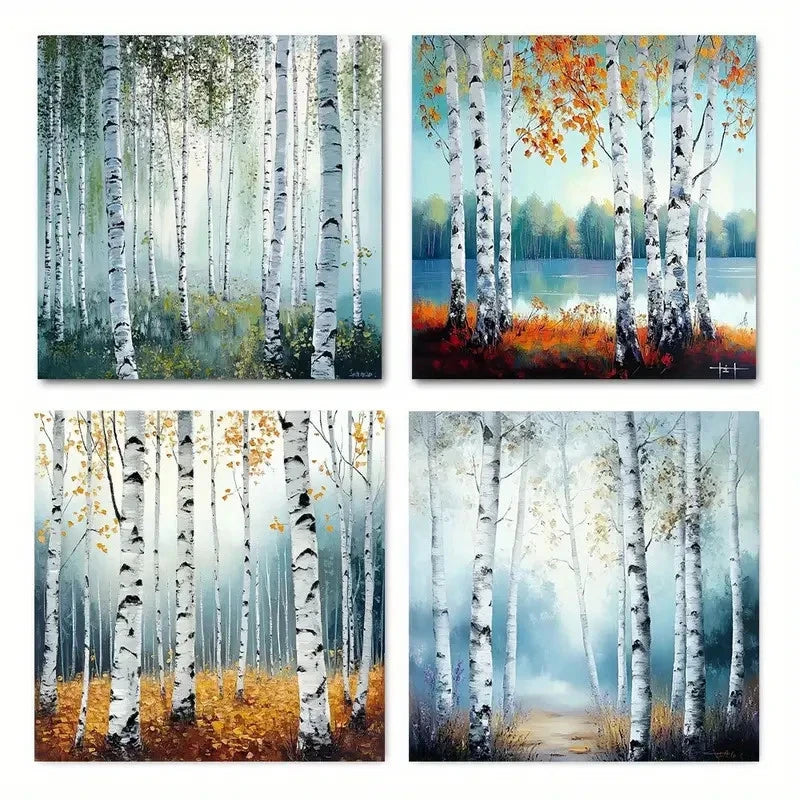 4pcs Misty Birch Forest Elegant Modern Wall Art Canvas Framed