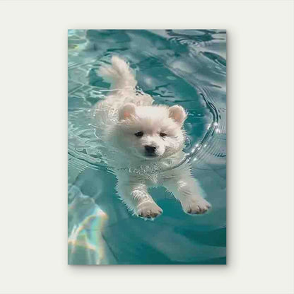White Puppy Swimming in Water Metal Print Ready to Hang
