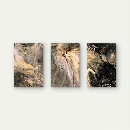 3pcs Black & Beige Fluid Pour Abstract Art Wall Art Set Canvas Framed 40x60cm - High Quality Print 100% Australian Made Wall Canvas Ready to Hang