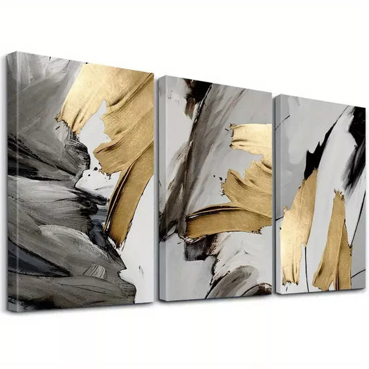 3pcs Abstract Golden and Gray Textured Artistic Wall Art Set Canvas Framed 50x70cm - High Quality Print 100% Australian Made Wall Canvas Ready to Hang