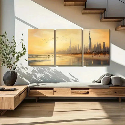 3pcs Futuristic Skyline Palm Trees & Seagulls Metal Print Ready to Hang Art - Bella Home Decor