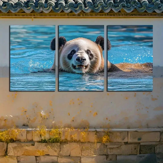 3pcs Vibrant Funny Swimming Panda Illustration Metal Print Ready to Hang Art