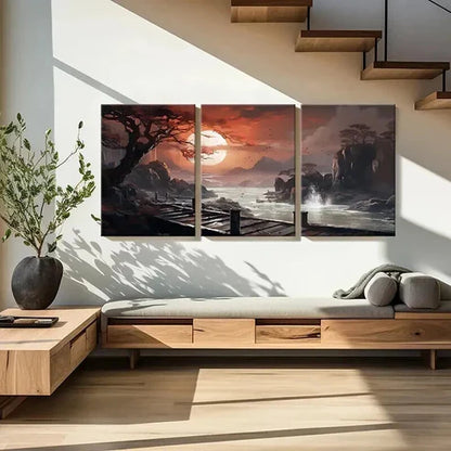 3pcs Artistic Sunset Traditional Chinese Wall Art Canvas Unframed - High Quality Print 100% Australian Made Wall Canvas - Bella Home Decor