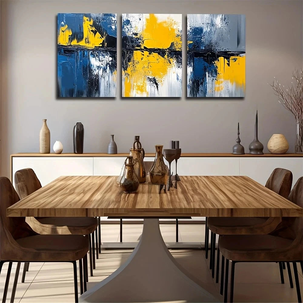 3pcs Blue and Yellow Paintings Metal Print Ready to Hang Art - Bella Home Decor