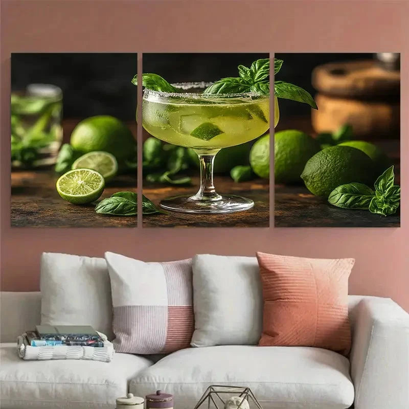 3pcs Fresh Basil Zesty Limes Gin Cocktail Metal Print Ready to Hang Art - Bella Home Decor