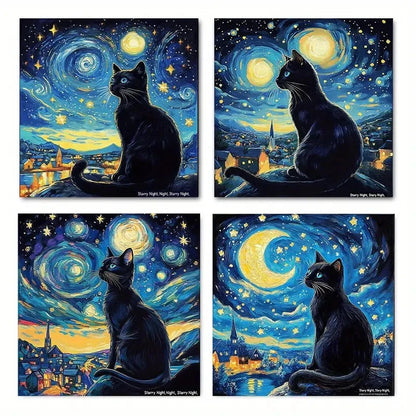 4pcsGogh-Inspired Starry Night Black Cat Wall Art Canvas Framed