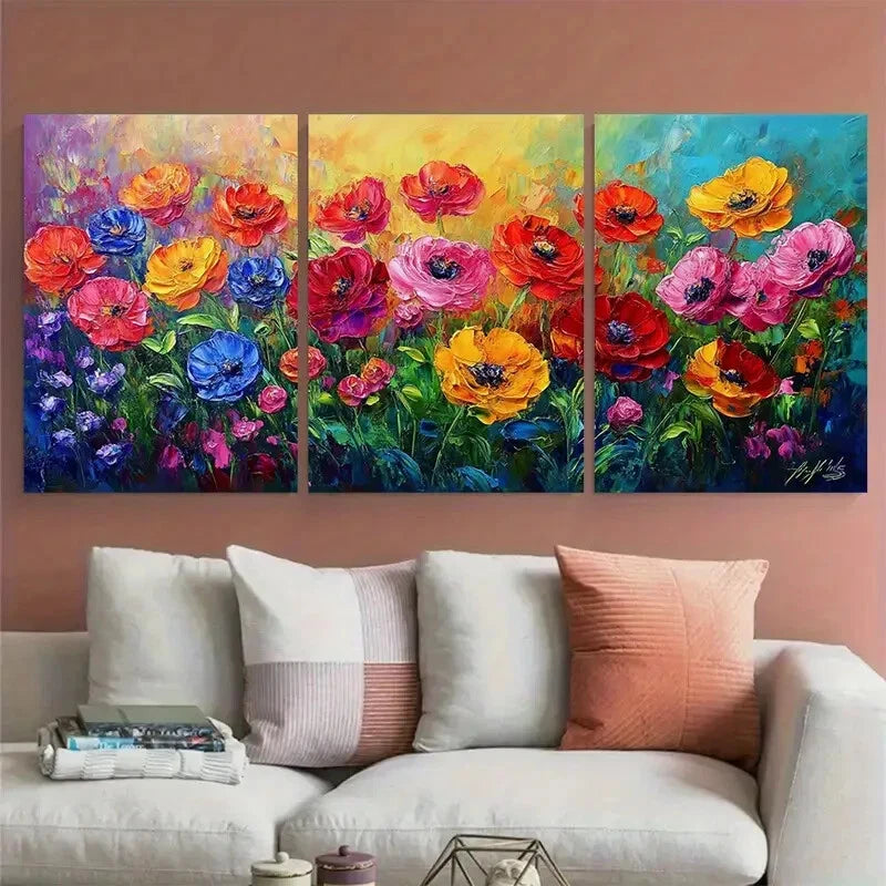 3pcs Colorful Flower Bright Garden Abstract Design Metal Print Ready to Hang Art - Bella Home Decor