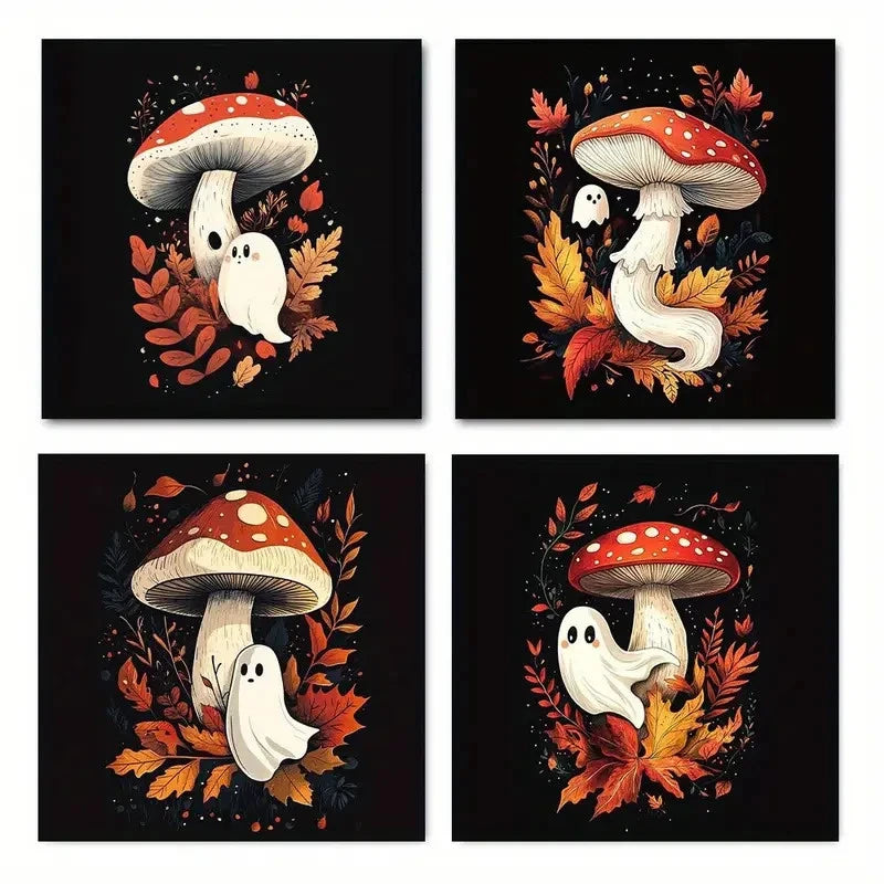 4pcs Cute Mushroom & Autumn LeavesWall Art Canvas Framed