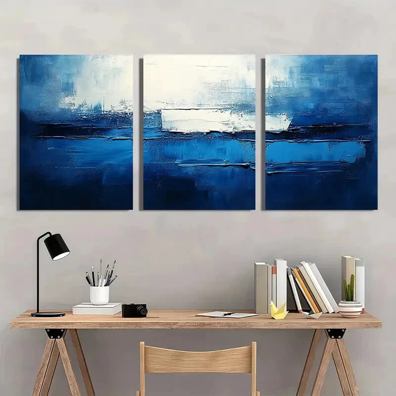 3pcs Abstract Blue & Gray Modern Minimalist Metal Print Ready to Hang Art - Bella Home Decor