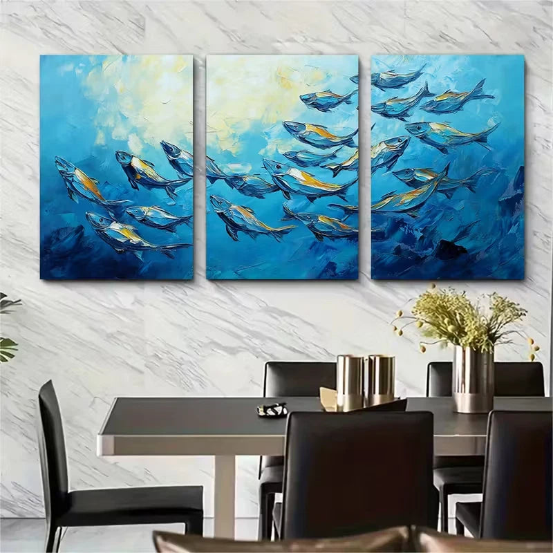 3pcs Original Fish School Oil Painting Metal Print Ready to Hang Art