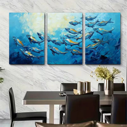 3pcs Original Fish School Oil Painting Metal Print Ready to Hang Art