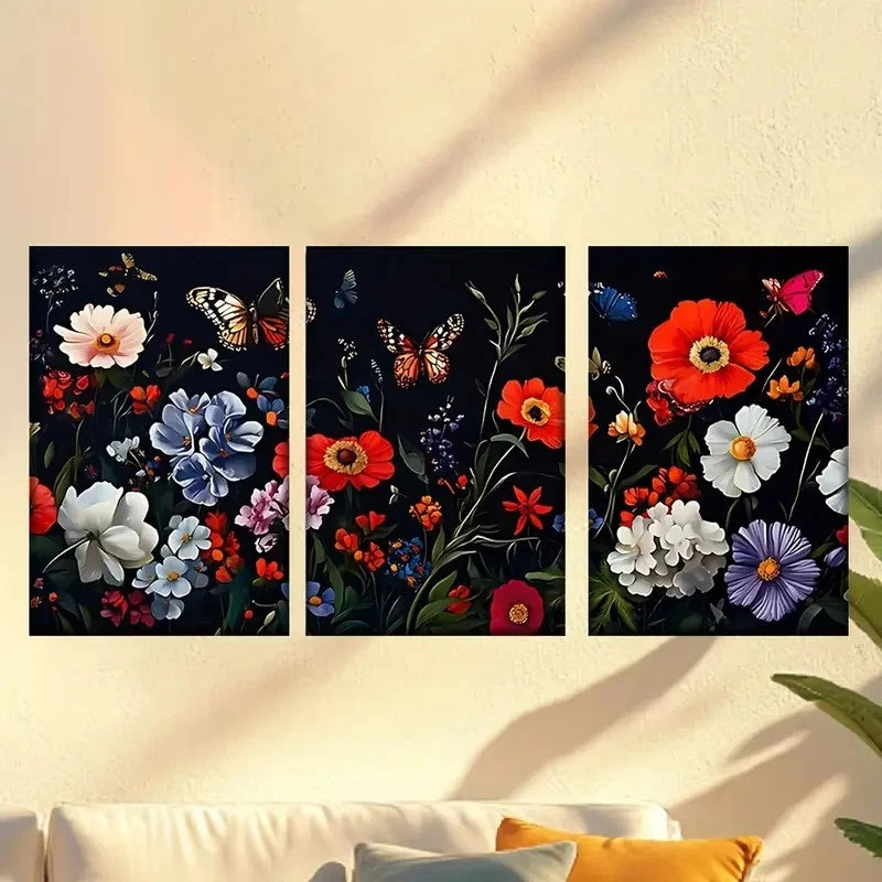 3pcs a Painting of Flowers And Butterflies Wall Art Set Canvas Framed 50x70cm - High Quality Print 100% Australian Made Wall Canvas Ready to Hang - Bella Home Decor