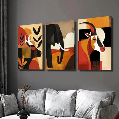 3pcs Cattle Goat & Elephant Geometric Design Wall Art Set Canvas Unframed - High Quality Print 100% Australian Made Wall Canvas - Bella Home Decor
