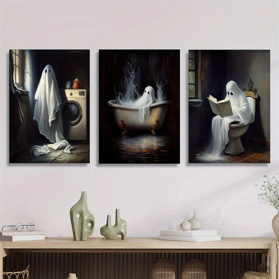 3pcs Charming Horror Ghostly Bathroom Scenes Metal Print Ready to Hang Art - Bella Home Decor