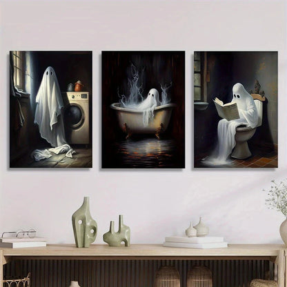 3pcs Charming Horror Ghostly Bathroom Scenes Metal Print Ready to Hang Art - Bella Home Decor