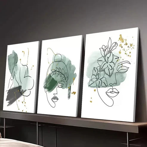 3pcs Abstract Green Sage Line Face Shape Canvas Unframed - High Quality Print 100% Australian Made Wall Canvas - Bella Home Decor