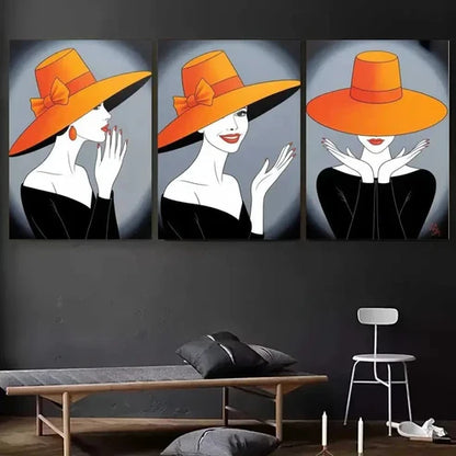 3pcs Orange Hat, Red Lips Decoration Wall Art Canvas Unframed - High Quality Print 100% Australian Made Wall Canvas