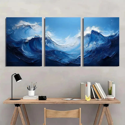 3pcs Dark Blue and White Abstract Wave Painting Metal Print Ready to Hang Art - Bella Home Decor