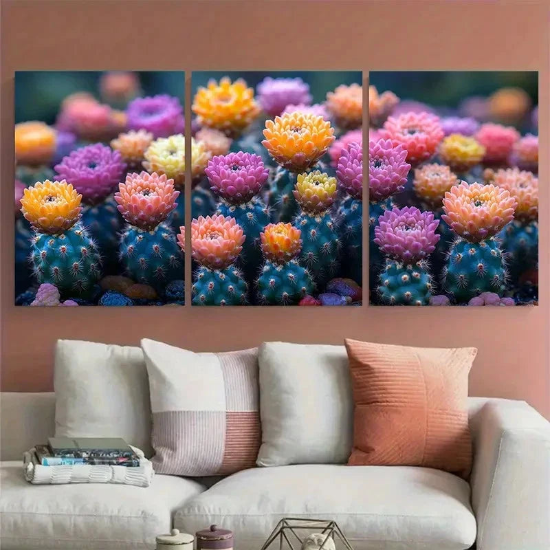3pcs Vibrant Blooming Cactus Botanical Metal Print Ready to Hang Art - Bella Home Decor