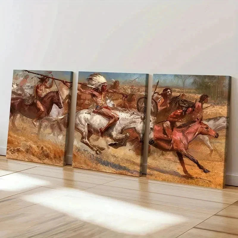 3pcs Native Americans On Horses Red Indians Wall Art Set Canvas Framed 60x90cm - High Quality Print 100% Australian Made Wall Canvas Ready to Hang