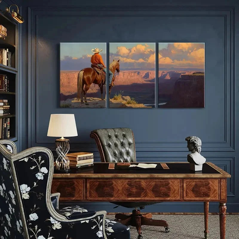 3pcs Western Cowboy On Horse Desert Landscape Metal Print Ready to Hang Art - Bella Home Decor