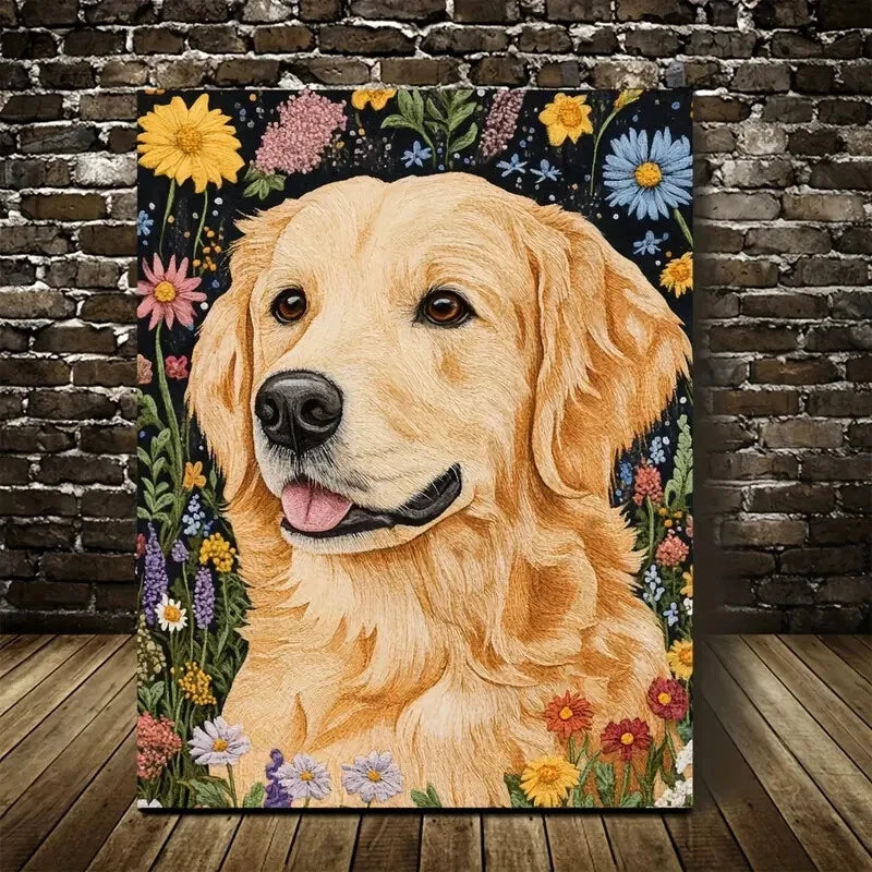Beautiful Golden Retriever Dog Vibrant Floral Painting 40x60cm Metal Print Ready to Hang - Bella Home Decor